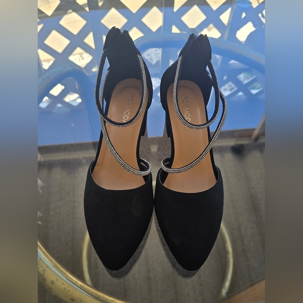 Black Suede Rhinestone Ankle-Strap Heels [US 7.5]